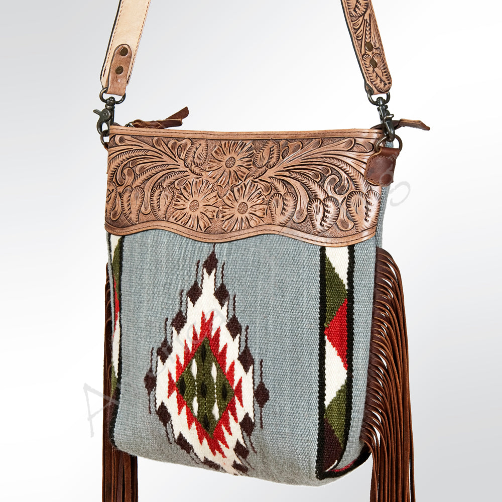 ADBG510 Tooled Leather & Saddle Blanket Crossbody Bag Jolene Western Fringe Purse by American Darling