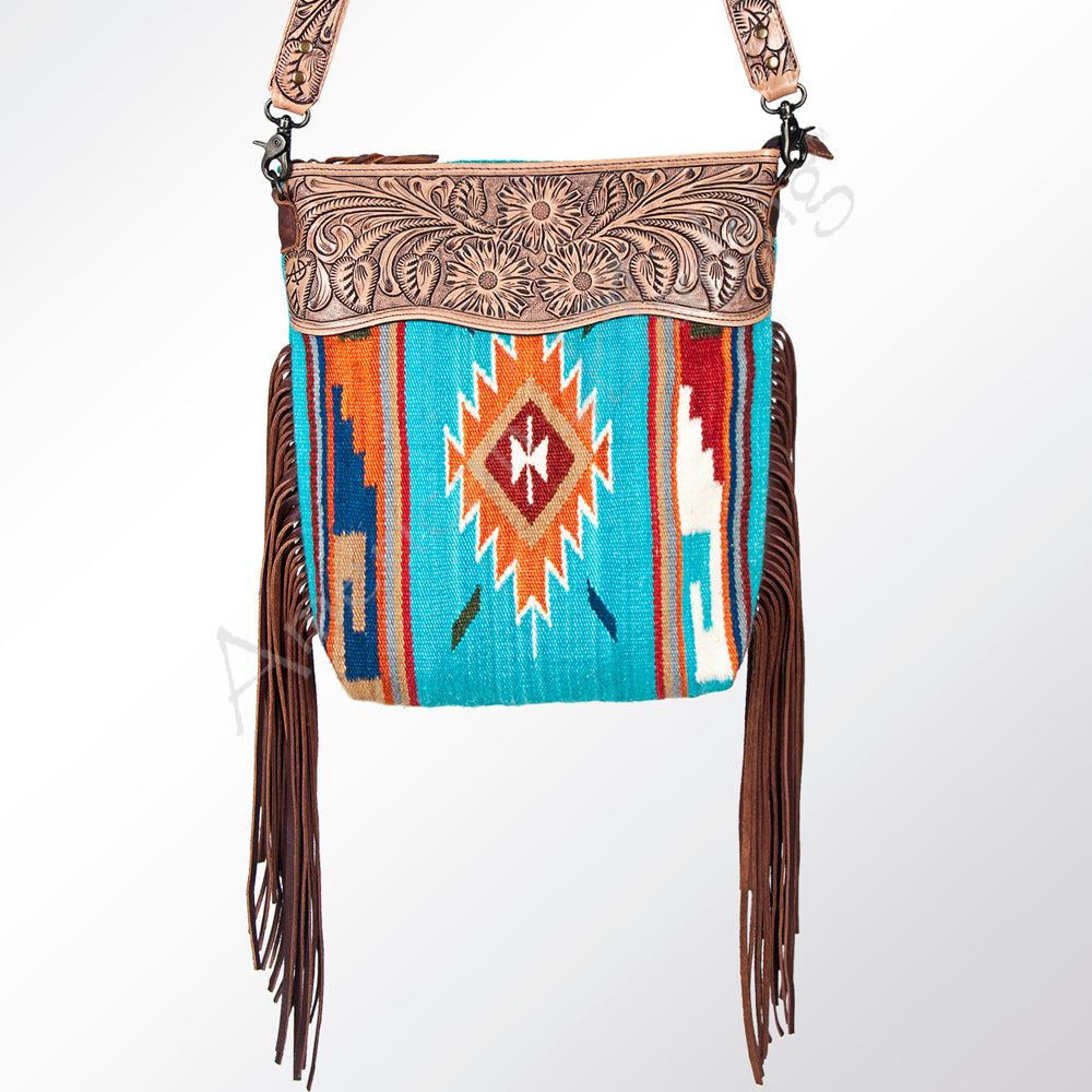 ADBG510 Tooled Leather & Saddle Blanket Crossbody Bag Jolene Western Fringe Purse by American Darling