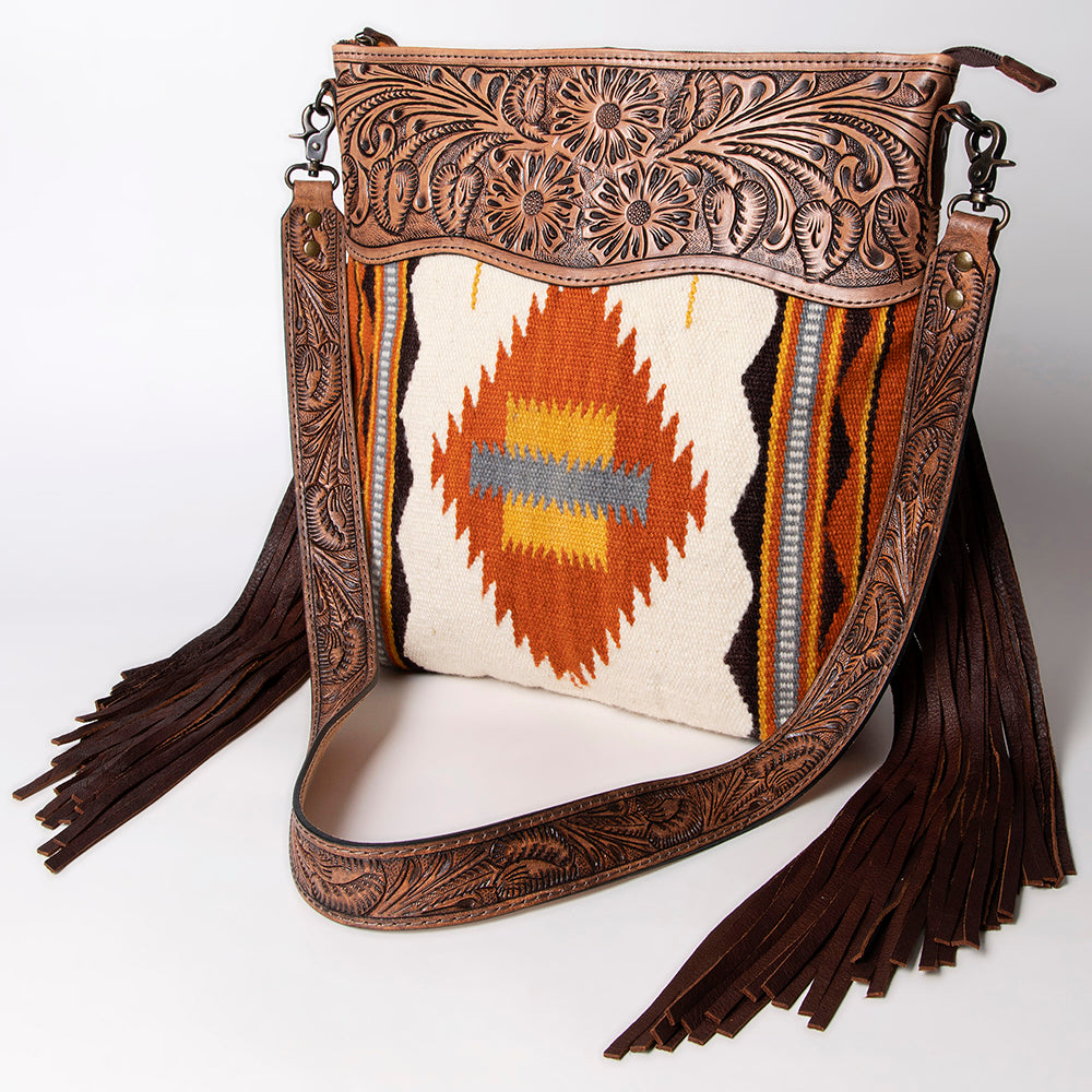 ADBG510 Tooled Leather & Saddle Blanket Crossbody Bag Jolene Western Fringe Purse by American Darling