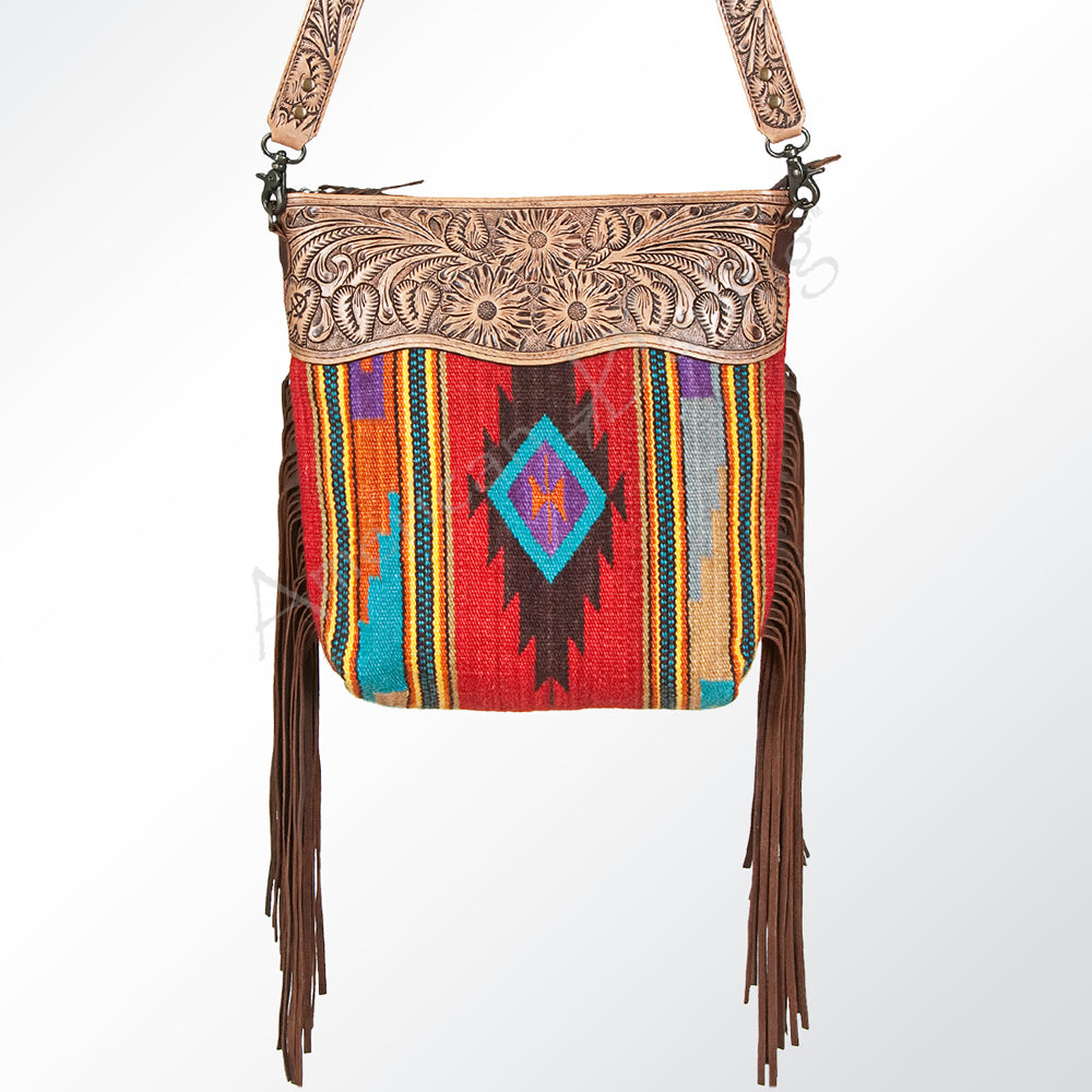 ADBG510 Tooled Leather & Saddle Blanket Crossbody Bag Jolene Western Fringe Purse by American Darling