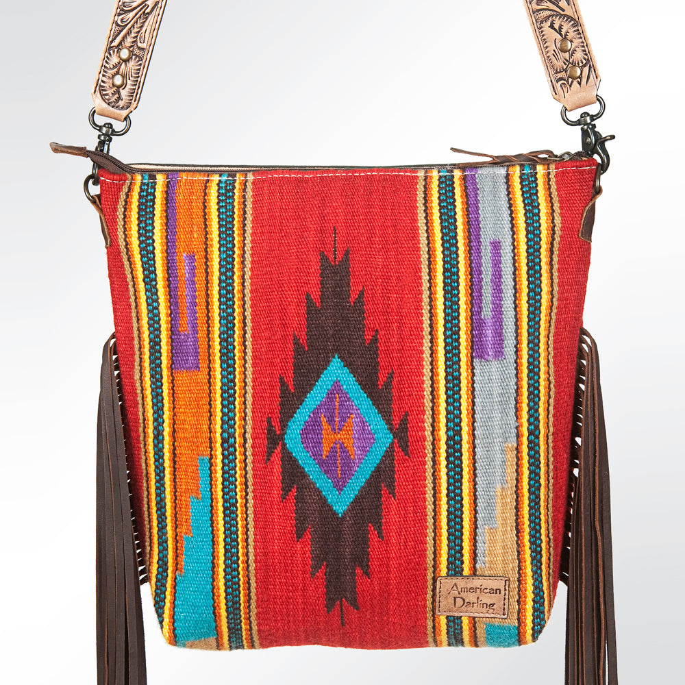 ADBG510 Tooled Leather & Saddle Blanket Crossbody Bag Jolene Western Fringe Purse by American Darling