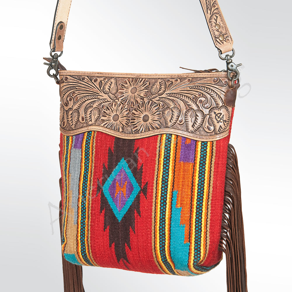 ADBG510 Tooled Leather & Saddle Blanket Crossbody Bag Jolene Western Fringe Purse by American Darling