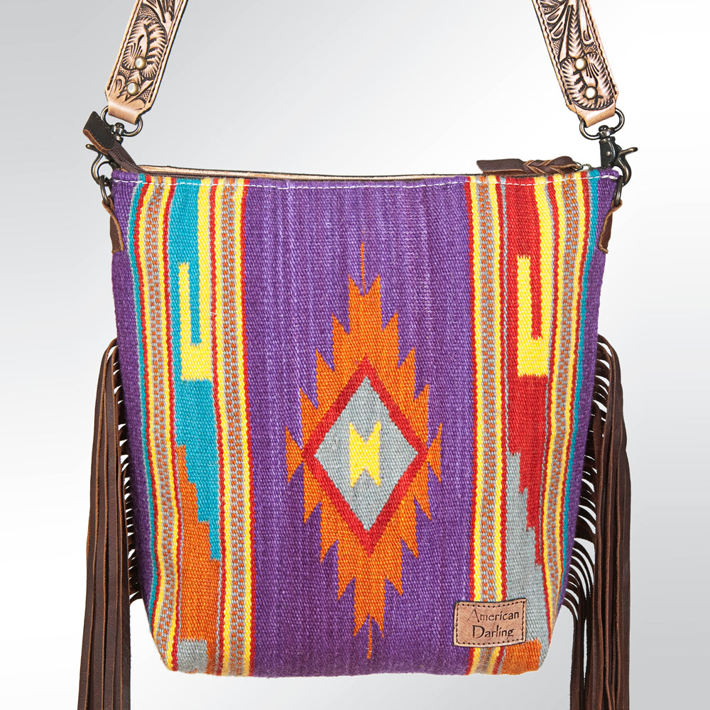 ADBG510 Tooled Leather & Saddle Blanket Crossbody Bag Jolene Western Fringe Purse by American Darling