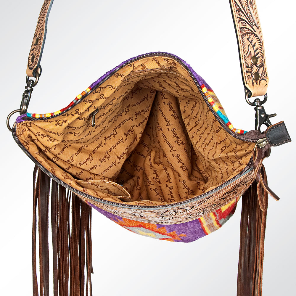 ADBG510 Tooled Leather & Saddle Blanket Crossbody Bag Jolene Western Fringe Purse by American Darling