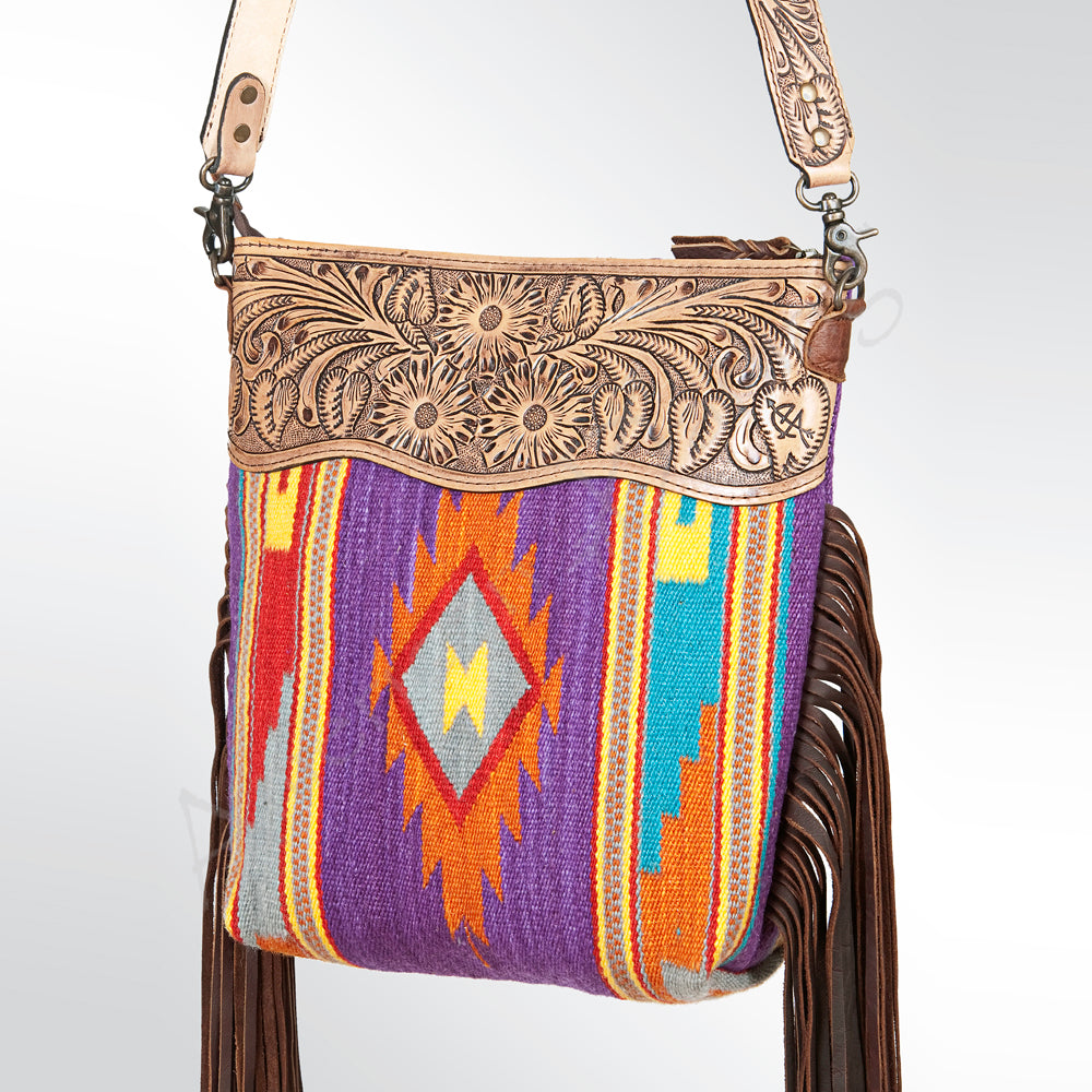 ADBG510 Tooled Leather & Saddle Blanket Crossbody Bag Jolene Western Fringe Purse by American Darling