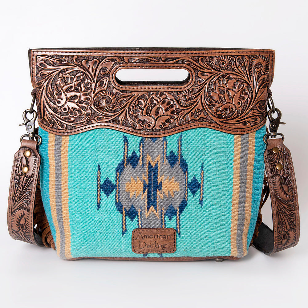 LC-ADBGS146 Southwestern Crossbody Bag - Hand-Tooled Leather & Wool Blend
