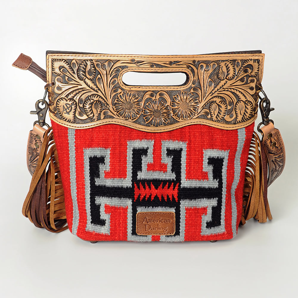 LC-ADBGS146 Southwestern Crossbody Bag - Hand-Tooled Leather & Wool Blend