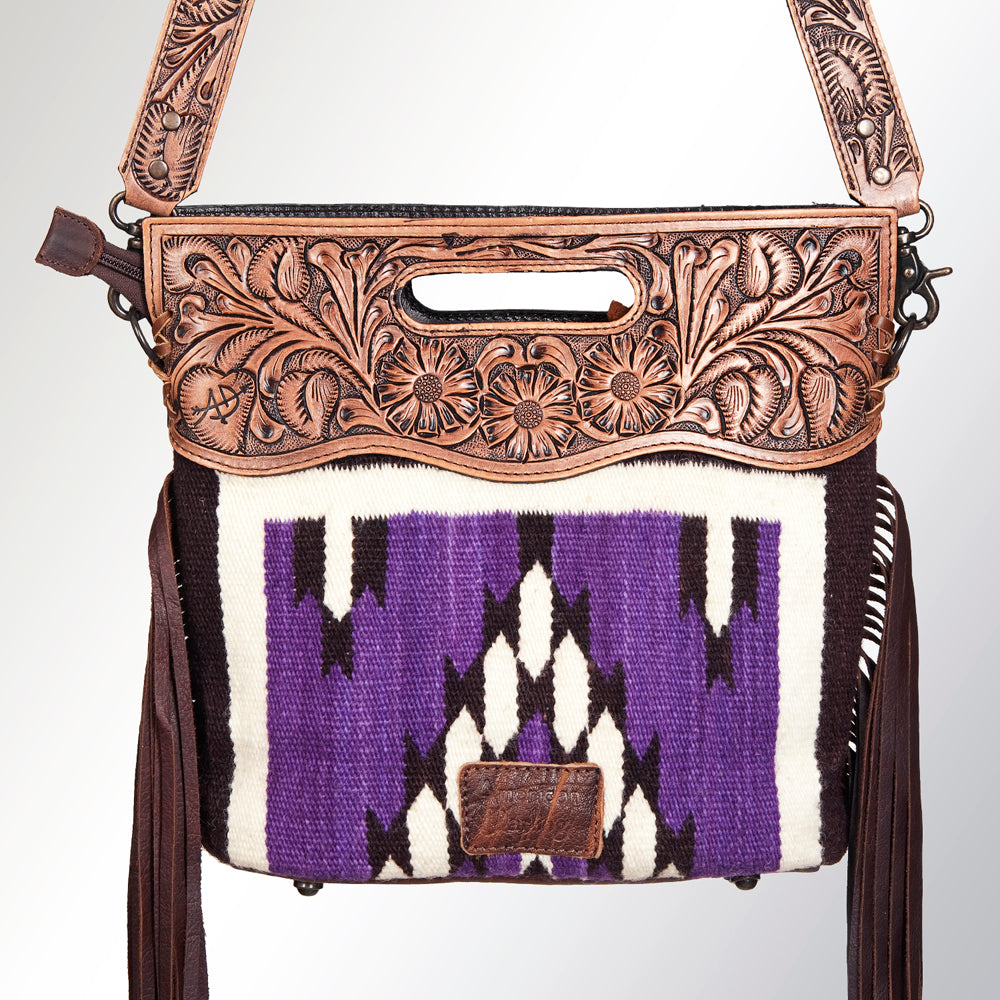 LC-ADBGS146 Southwestern Crossbody Bag - Hand-Tooled Leather & Wool Blend