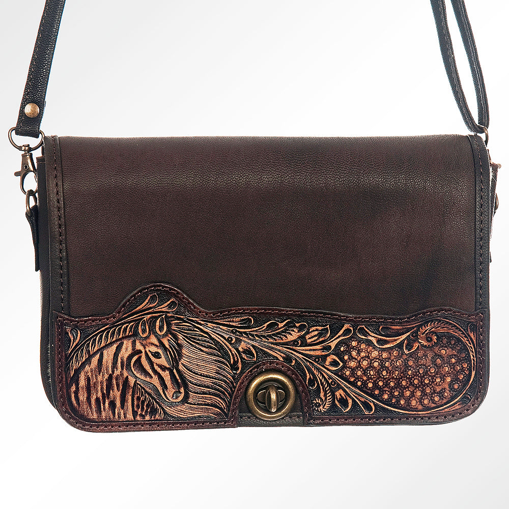 LC-ADBGZ342 Horse Tooled Leather Crossbody Bag - Genuine Brown Leather with Hair-On Cowhide Sides