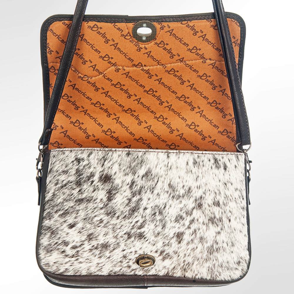 LC-ADBGZ342 Horse Tooled Leather Crossbody Bag - Genuine Brown Leather with Hair-On Cowhide Sides