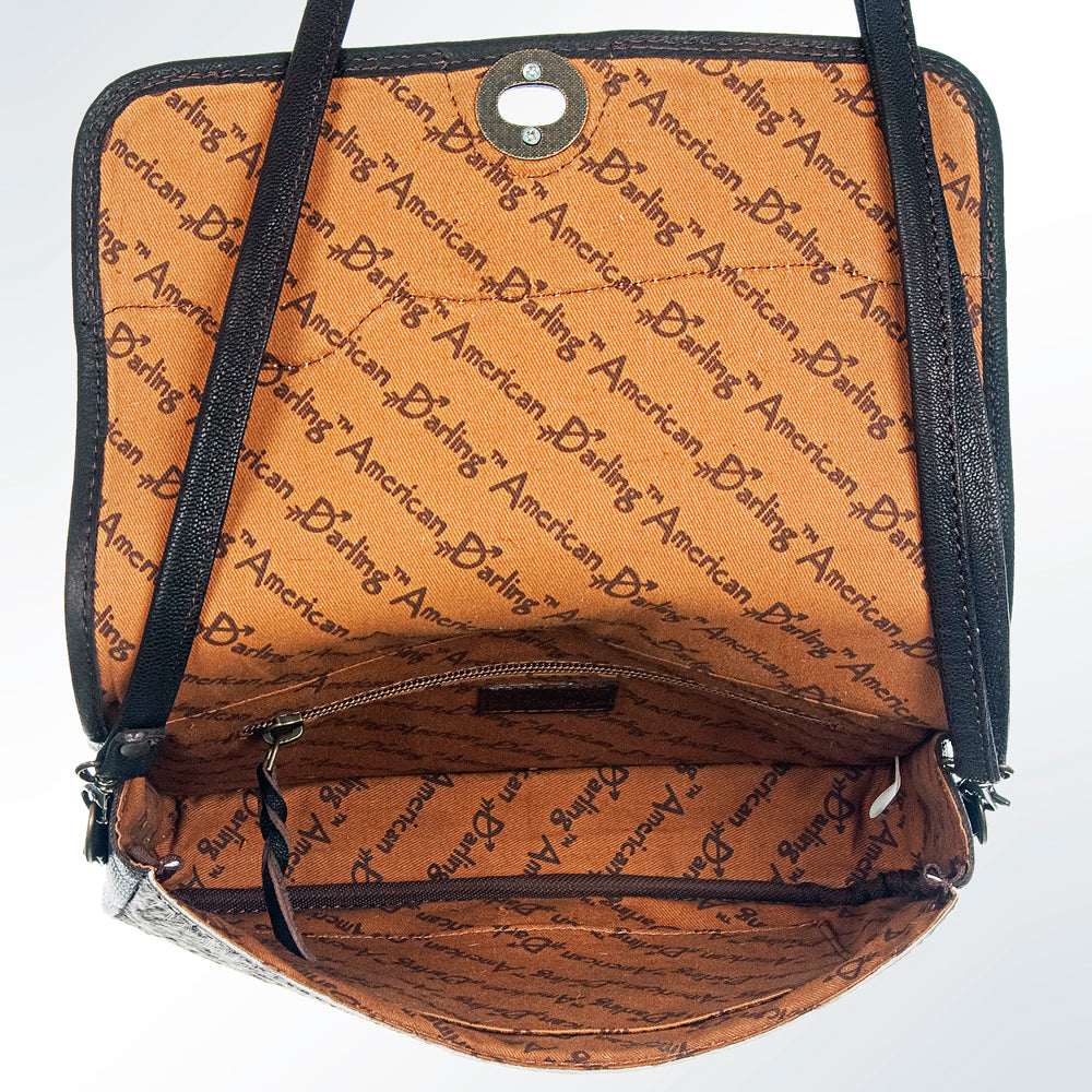 LC-ADBGZ342 Horse Tooled Leather Crossbody Bag - Genuine Brown Leather with Hair-On Cowhide Sides