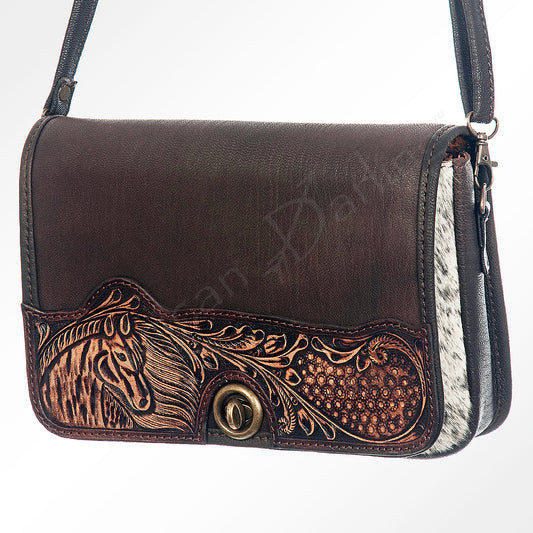 LC-ADBGZ342 Horse Tooled Leather Crossbody Bag - Genuine Brown Leather with Hair-On Cowhide Sides