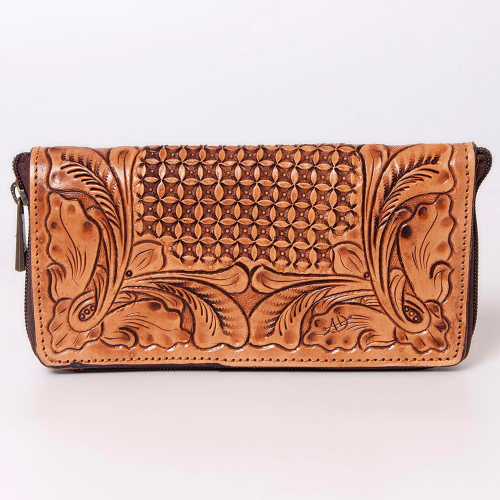 ADBGZ362 Tooled Leather Zip Wallet - Western Floral & Basket Weave Design