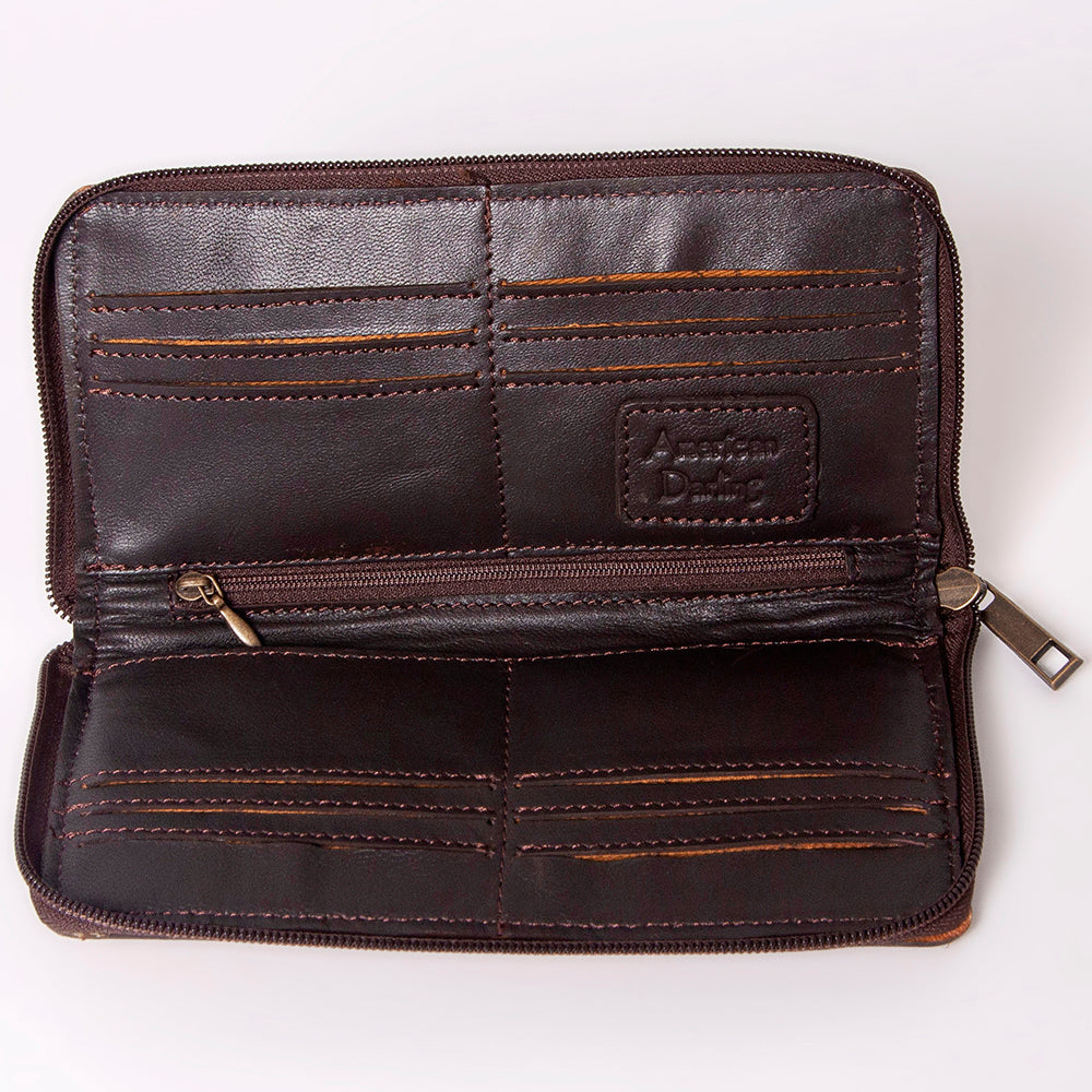 ADBGZ362 Tooled Leather Zip Wallet - Western Floral & Basket Weave Design