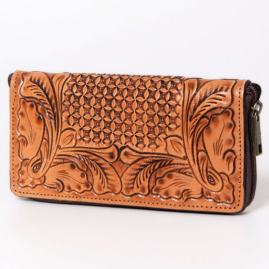 ADBGZ362 Tooled Leather Zip Wallet - Western Floral & Basket Weave Design