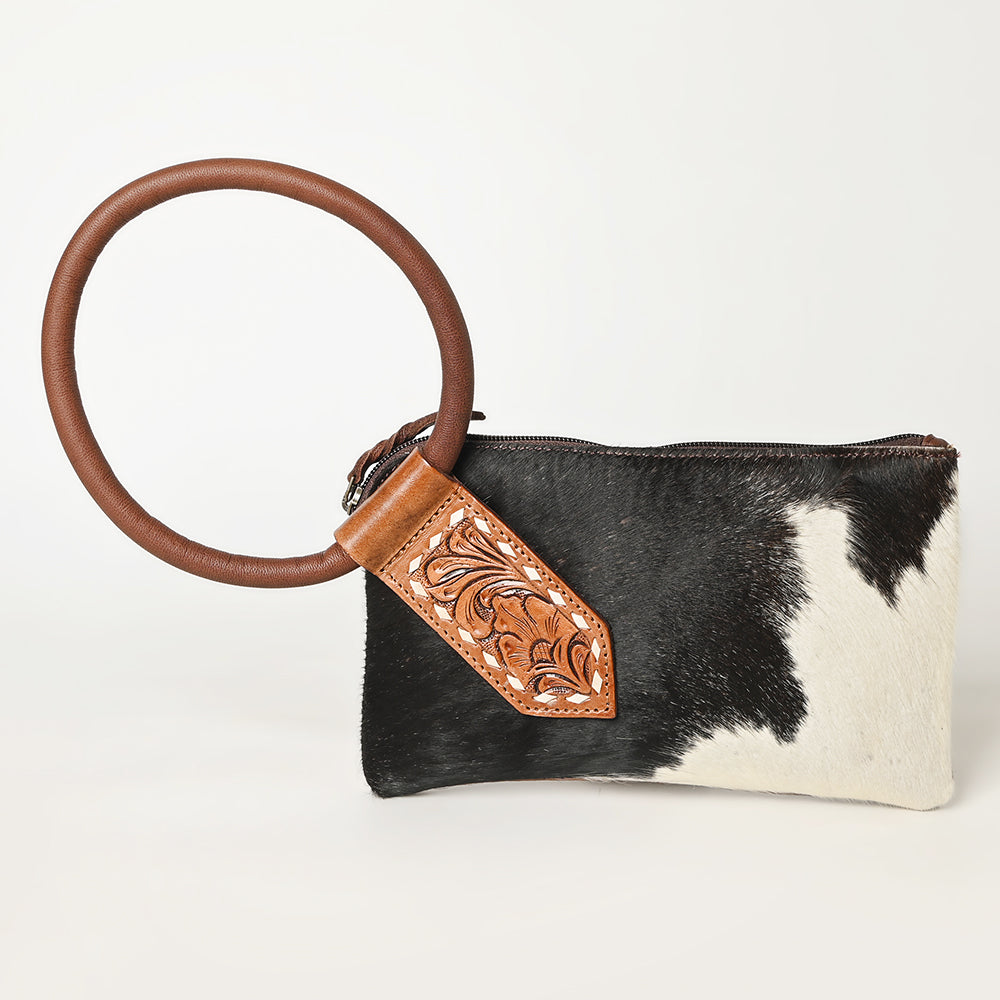 ADBGZ335 Black & White Cowhide Wristlet - Hair-On Hide Clutch with Tooled Leather Detail