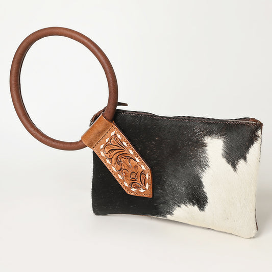 ADBGZ335 Black & White Cowhide Wristlet - Hair-On Hide Clutch with Tooled Leather Detail