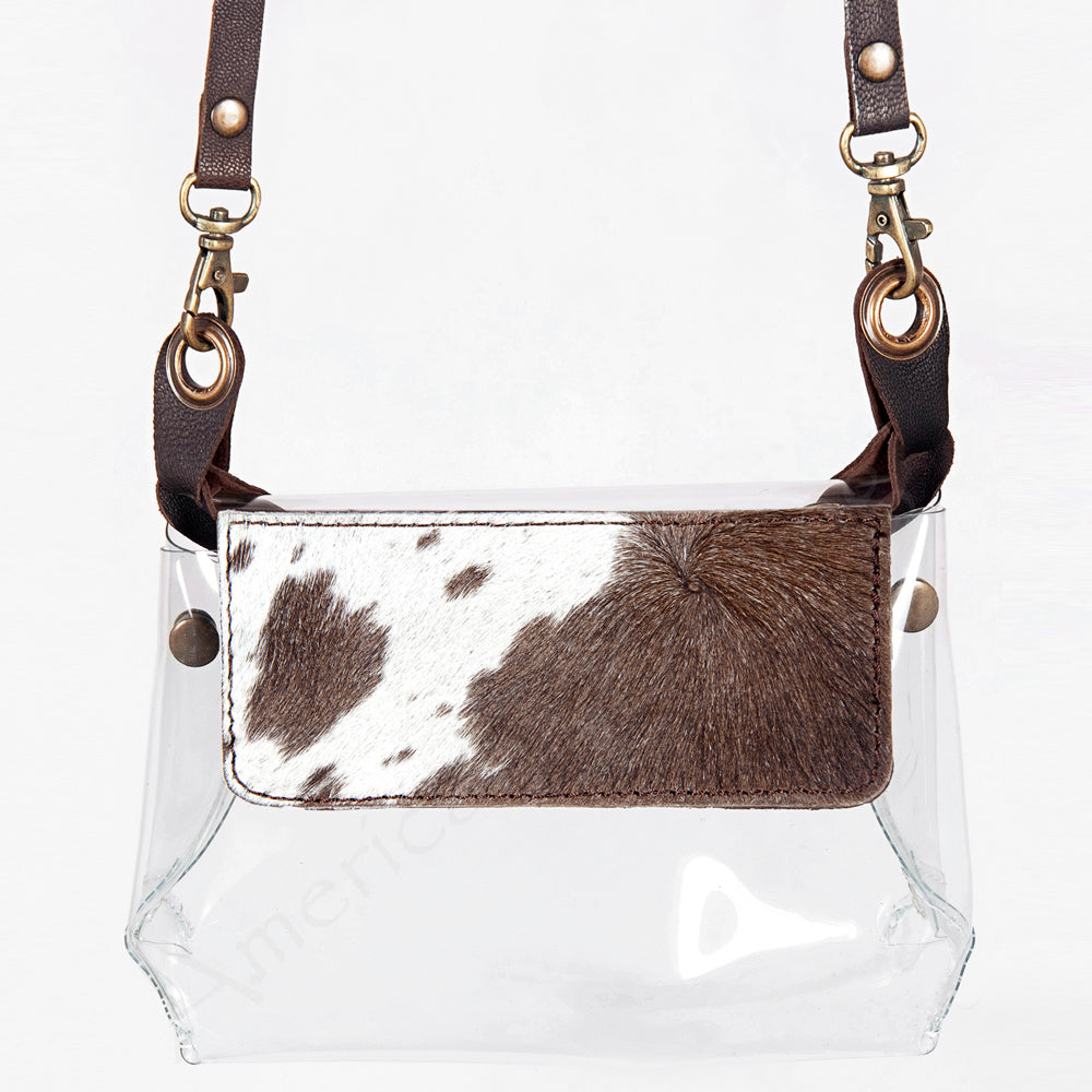 ADBGZ303 Transparent Stadium Bag with Brown & White Cowhide Flap - Western Clear Bag