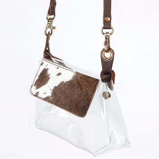 ADBGZ303 Transparent Stadium Bag with Brown & White Cowhide Flap - Western Clear Bag