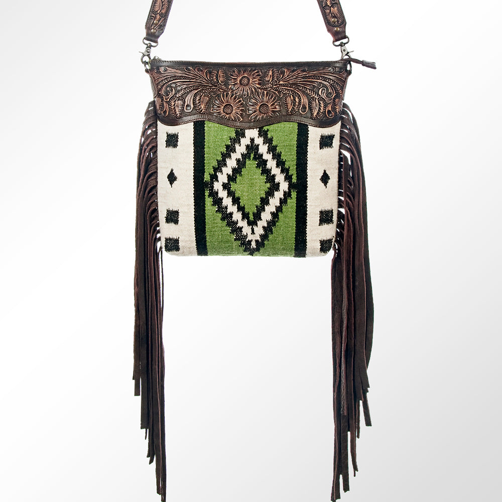 LC-ADBGZ363 Green Aztec Wool & Tooled Leather Crossbody Bag - Western Fringe Shoulder Purse