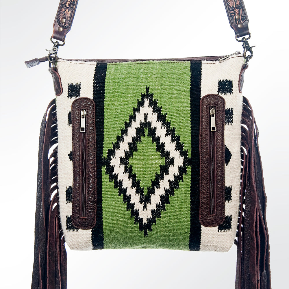 LC-ADBGZ363 Green Aztec Wool & Tooled Leather Crossbody Bag - Western Fringe Shoulder Purse
