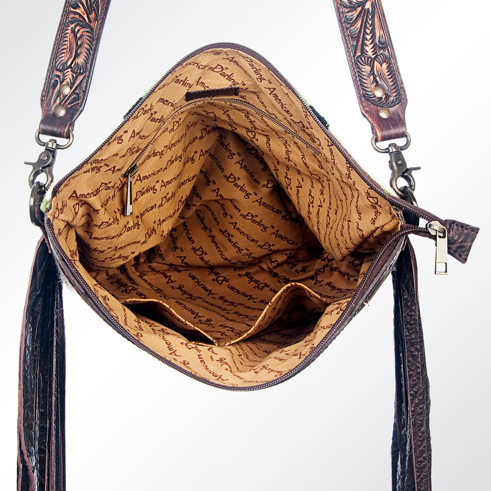 LC-ADBGZ363 Green Aztec Wool & Tooled Leather Crossbody Bag - Western Fringe Shoulder Purse