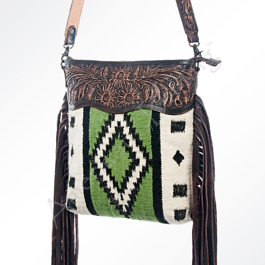 LC-ADBGZ363 Green Aztec Wool & Tooled Leather Crossbody Bag - Western Fringe Shoulder Purse