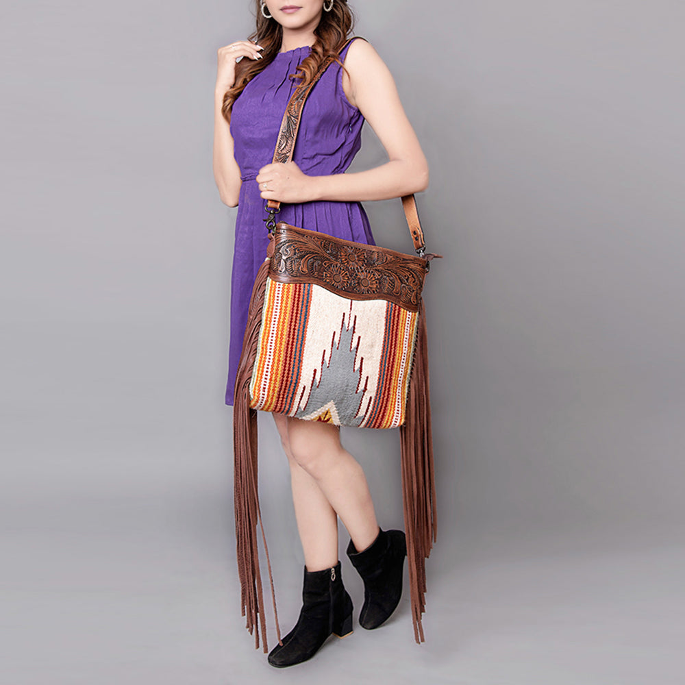ADBGZ365 Tooled Leather & Tribal Wool Crossbody Bag - Western Fringe Shoulder Purse