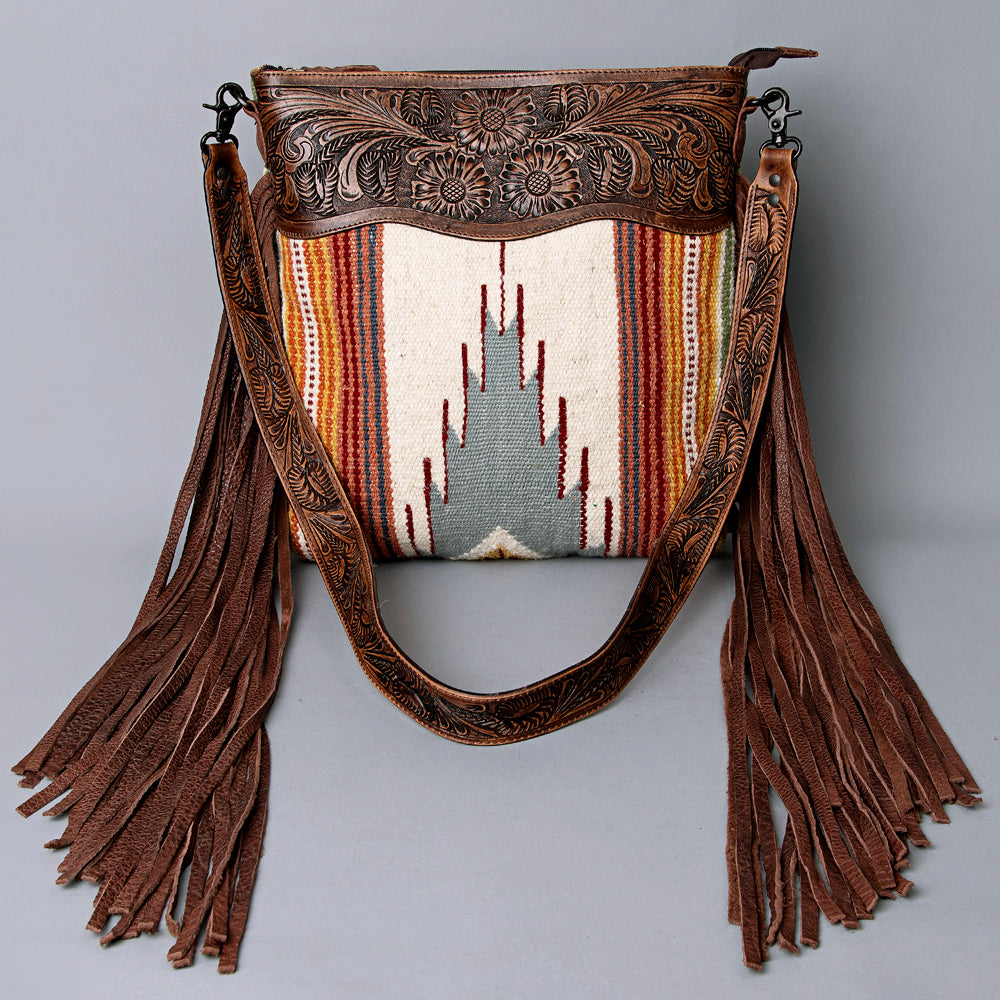 ADBGZ365 Tooled Leather & Tribal Wool Crossbody Bag - Western Fringe Shoulder Purse