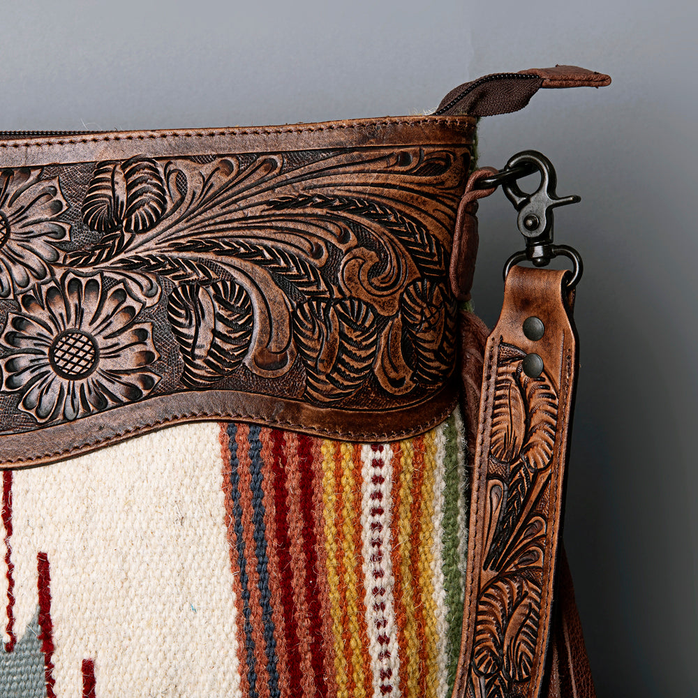 ADBGZ365 Tooled Leather & Tribal Wool Crossbody Bag - Western Fringe Shoulder Purse