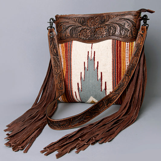 ADBGZ365 Tooled Leather & Tribal Wool Crossbody Bag - Western Fringe Shoulder Purse
