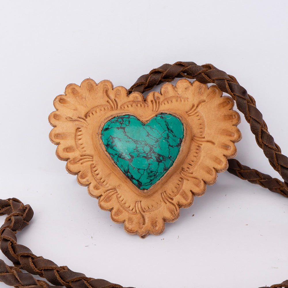 LC-ADJW104B Heart-Shaped Western Jewelry Necklace with Turquoise Center & Braided Leather Cord