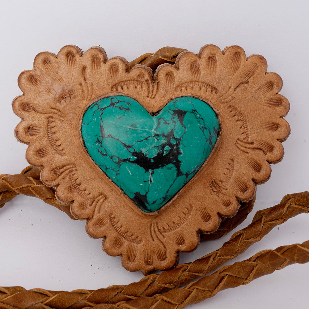 LC-ADJW104C Tan Leather Heart Jewelry Necklace with Turquoise Center & Braided Cord   Western Style