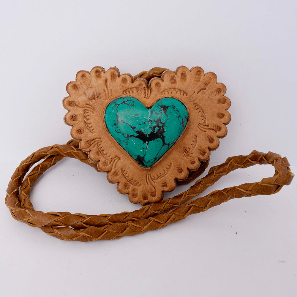 LC-ADJW104C Tan Leather Heart Jewelry Necklace with Turquoise Center & Braided Cord   Western Style