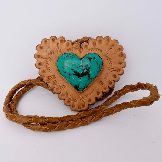 LC-ADJW104C Tan Leather Heart Jewelry Necklace with Turquoise Center & Braided Cord   Western Style
