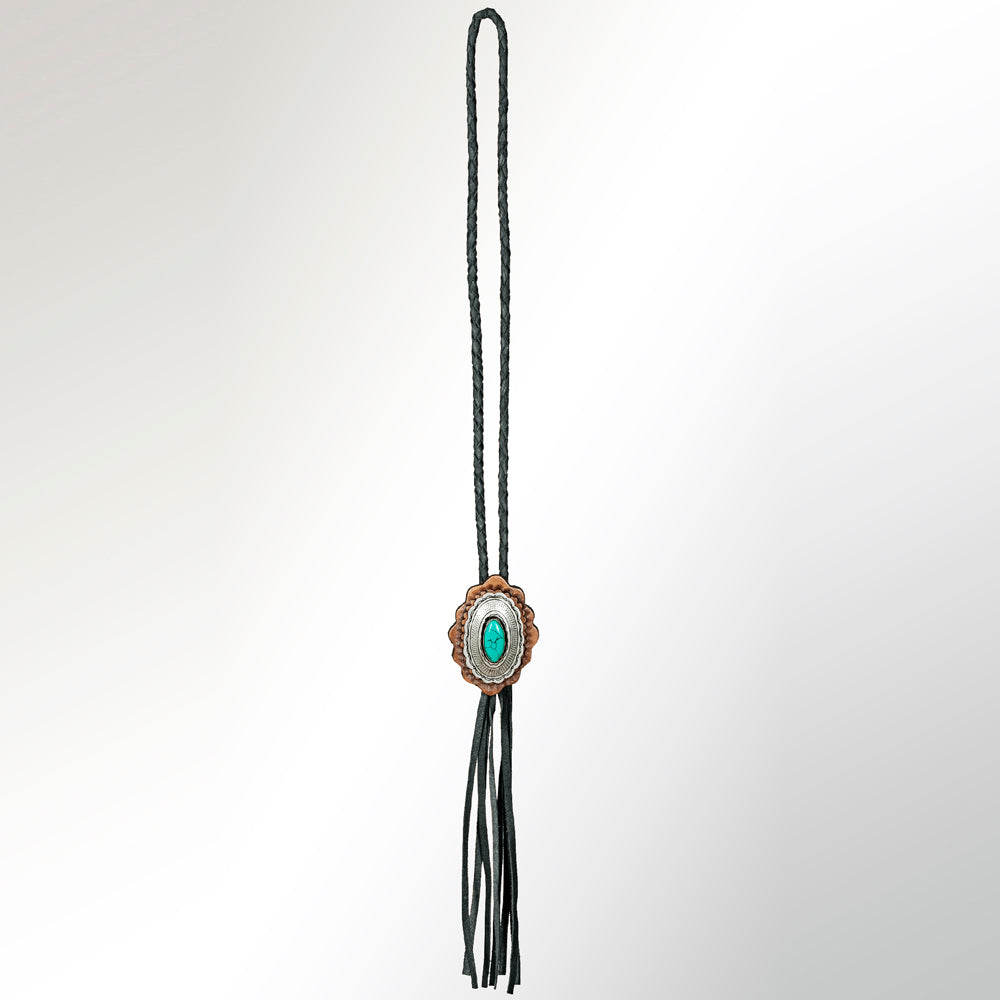 LC-ADJW106 Two-Tone Scalloped Western Jewelry Necklace with Turquoise Center & Braided Cord