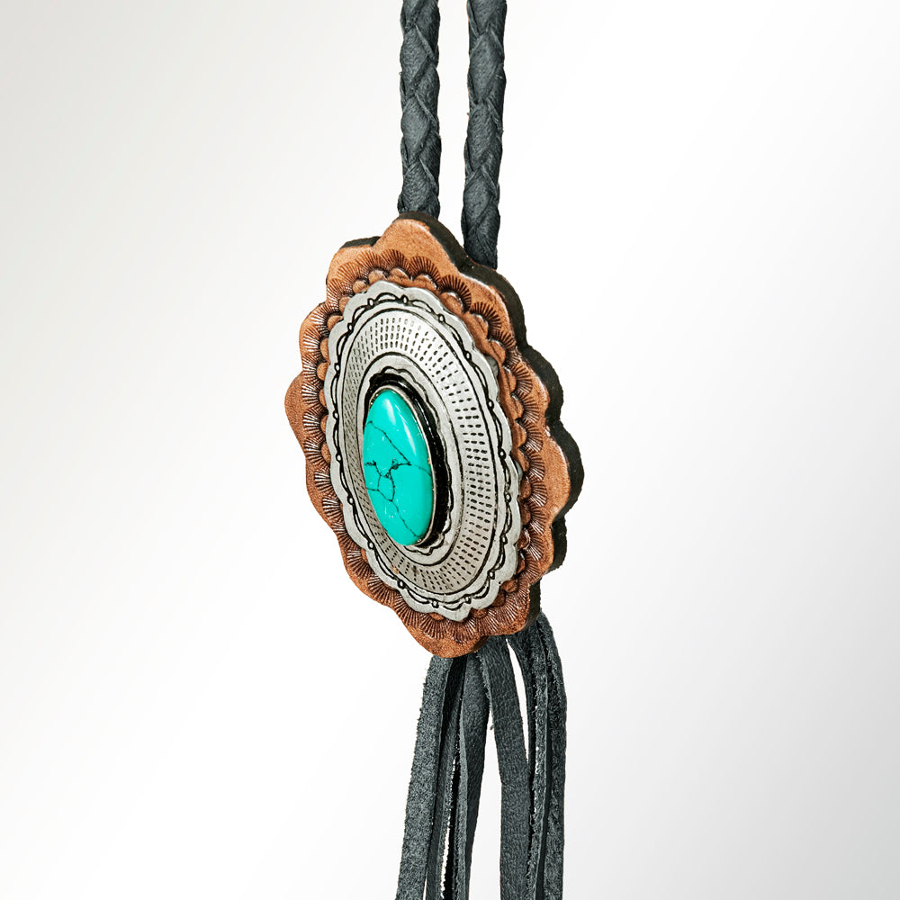LC-ADJW106 Two-Tone Scalloped Western Jewelry Necklace with Turquoise Center & Braided Cord