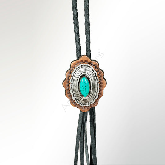 LC-ADJW106 Two-Tone Scalloped Western Jewelry Necklace with Turquoise Center & Braided Cord
