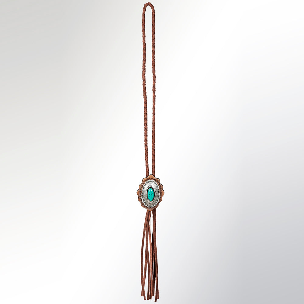 LC-ADJW106 Two-Tone Scalloped Western Jewelry Necklace with Turquoise Center & Braided Cord