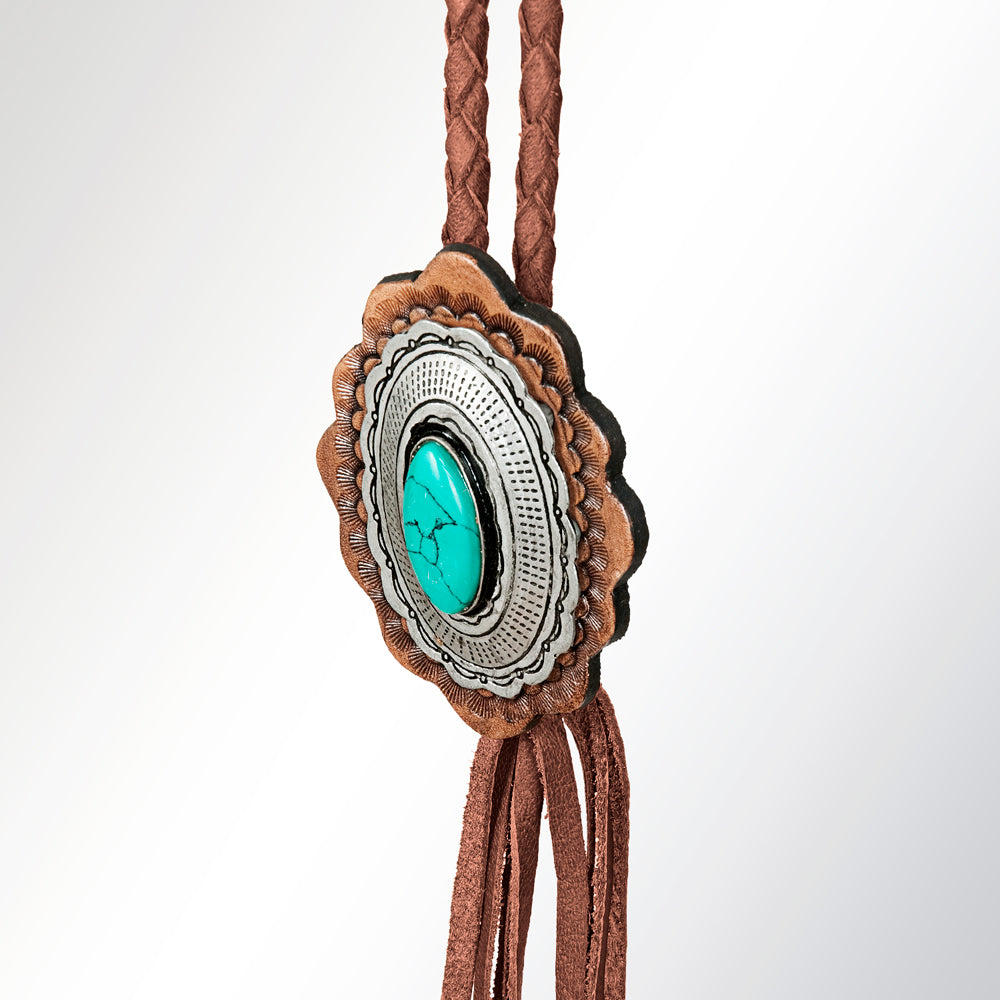 LC-ADJW106 Two-Tone Scalloped Western Jewelry Necklace with Turquoise Center & Braided Cord