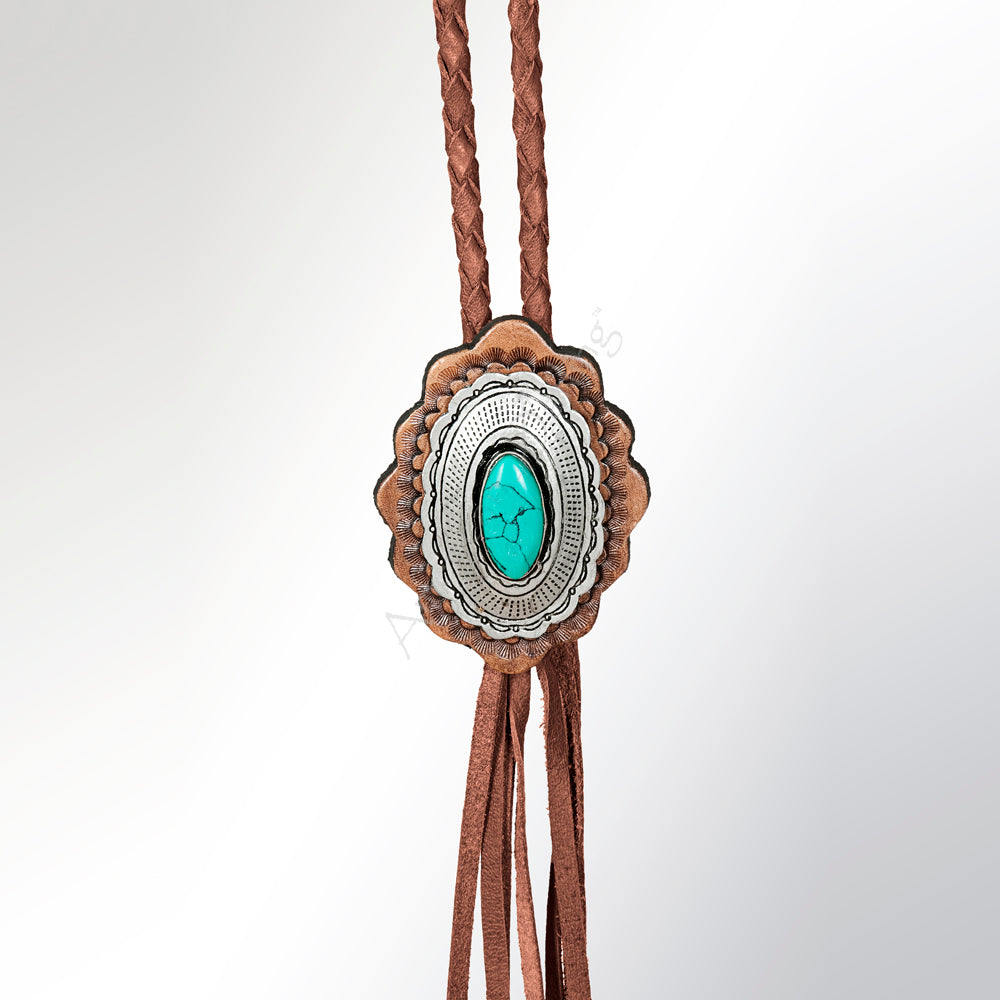 LC-ADJW106 Two-Tone Scalloped Western Jewelry Necklace with Turquoise Center & Braided Cord