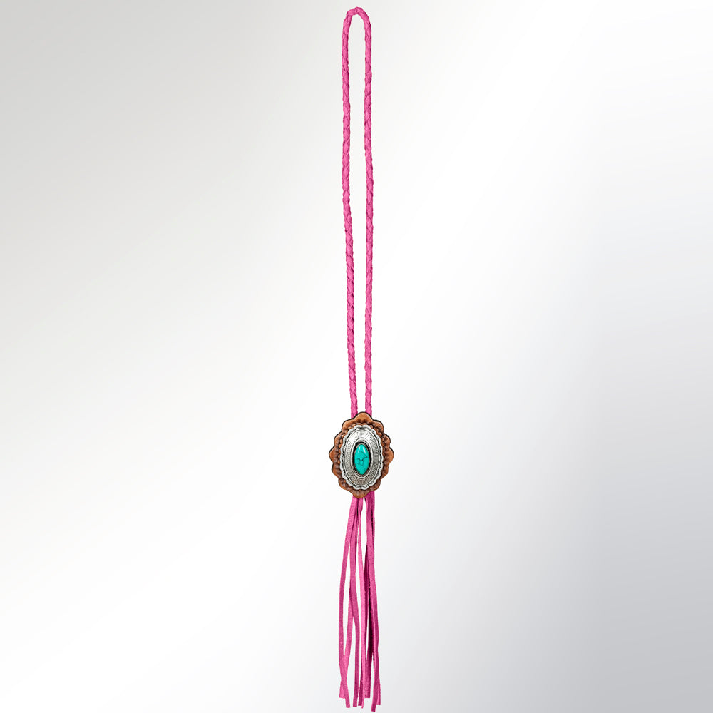 LC-ADJW106E Pink Braided Western Jewelry Necklace with Turquoise Stone & Two-Tone Scalloped Concho