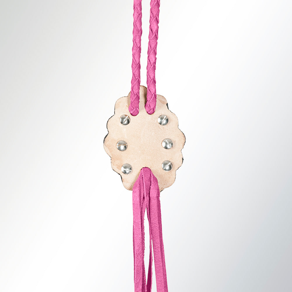 LC-ADJW106E Pink Braided Western Jewelry Necklace with Turquoise Stone & Two-Tone Scalloped Concho