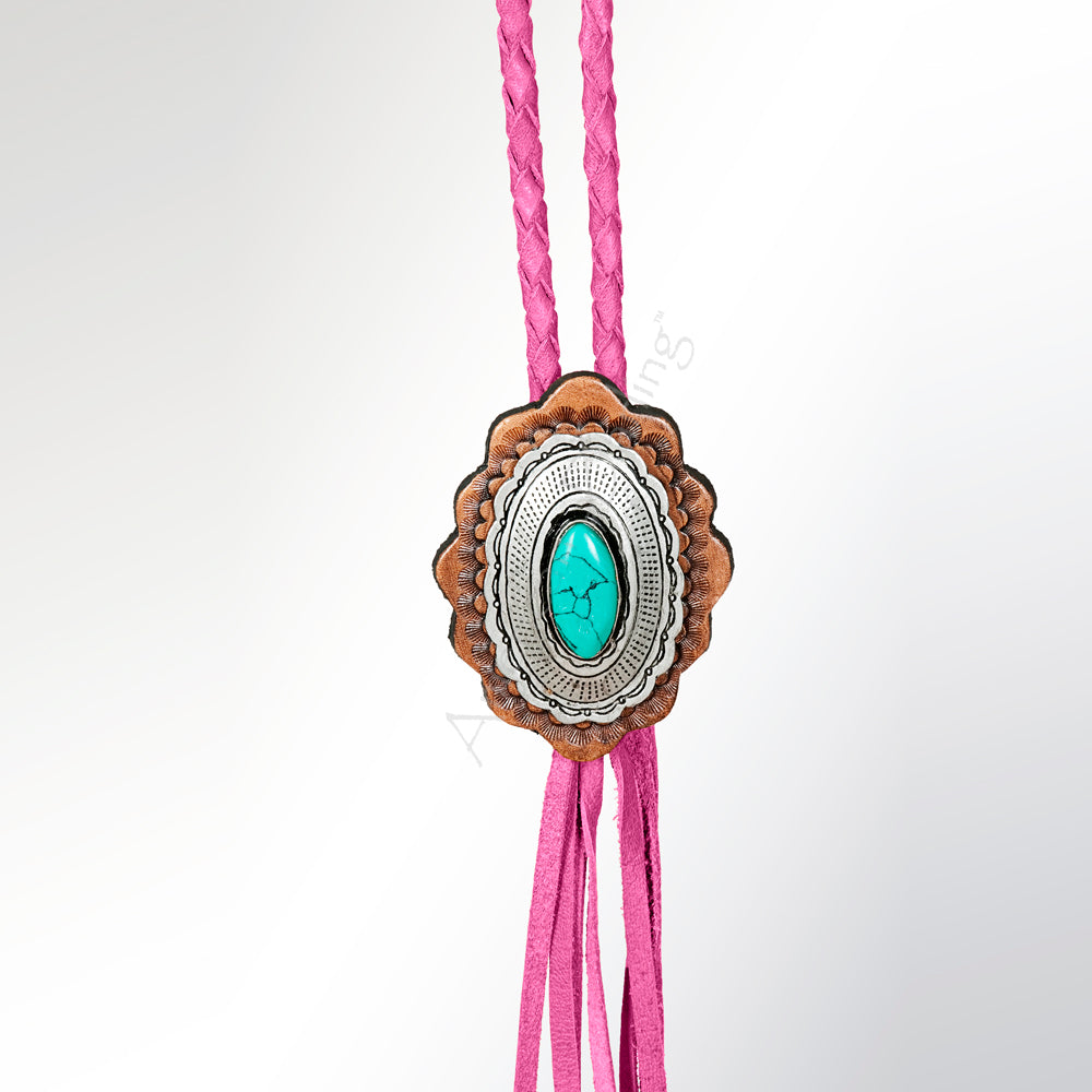LC-ADJW106E Pink Braided Western Jewelry Necklace with Turquoise Stone & Two-Tone Scalloped Concho