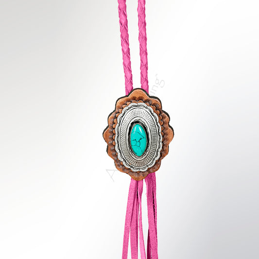 LC-ADJW106E Pink Braided Western Jewelry Necklace with Turquoise Stone & Two-Tone Scalloped Concho