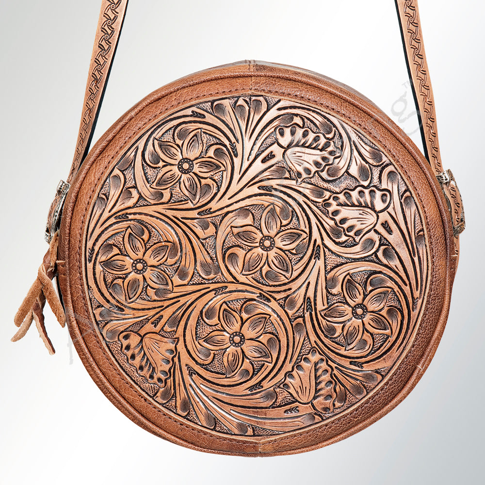 LC-ADBGK113B Round Tooled Leather Crossbody Bag - Floral Western Circle Purse