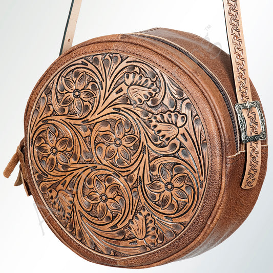LC-ADBGK113B Round Tooled Leather Crossbody Bag - Floral Western Circle Purse