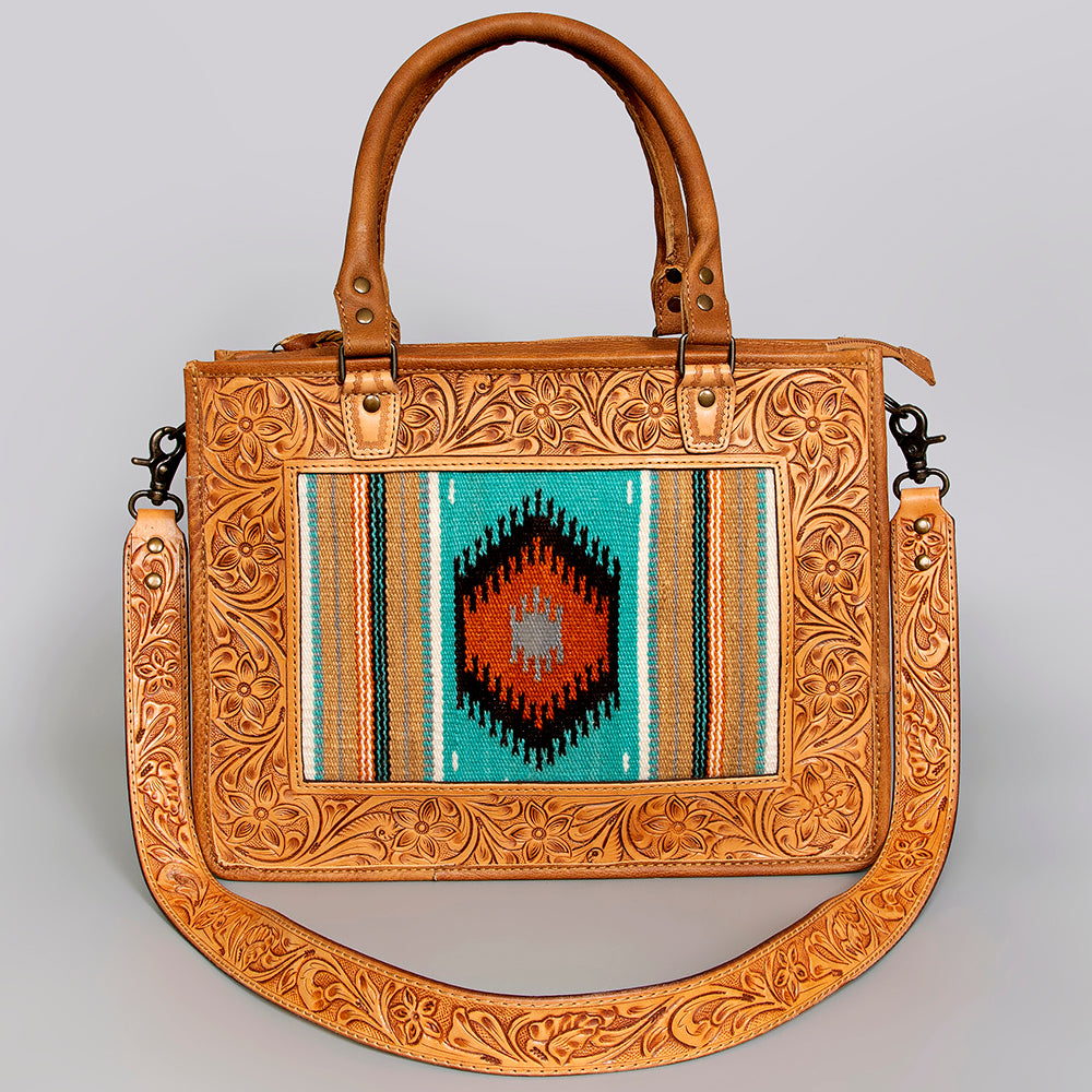 ADBG582 Tooled Leather Western Tote with Southwestern Wool Inlay Floral Carved Satchel Bag