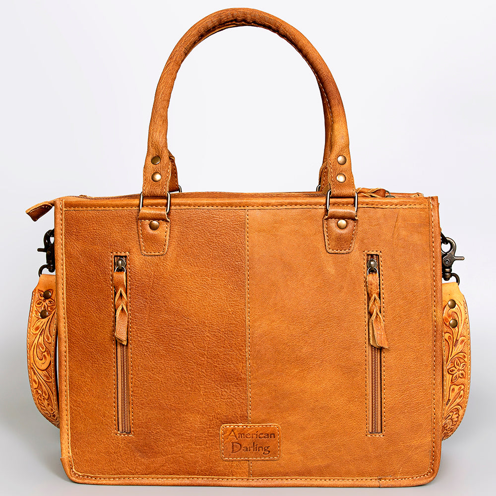 ADBG582 Tooled Leather Western Tote with Southwestern Wool Inlay Floral Carved Satchel Bag