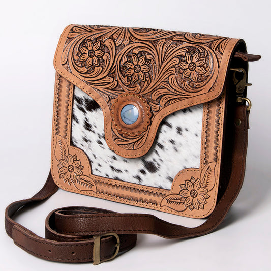 ADBGD123 Tooled Leather & Hair-On Hide Western Crossbody - Floral Design with Turquoise Accent